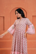 Blossom Cotton Floral Hand Block Print Bell Sleeve Midi Dress