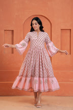 Blossom Cotton Floral Hand Block Print Bell Sleeve Midi Dress