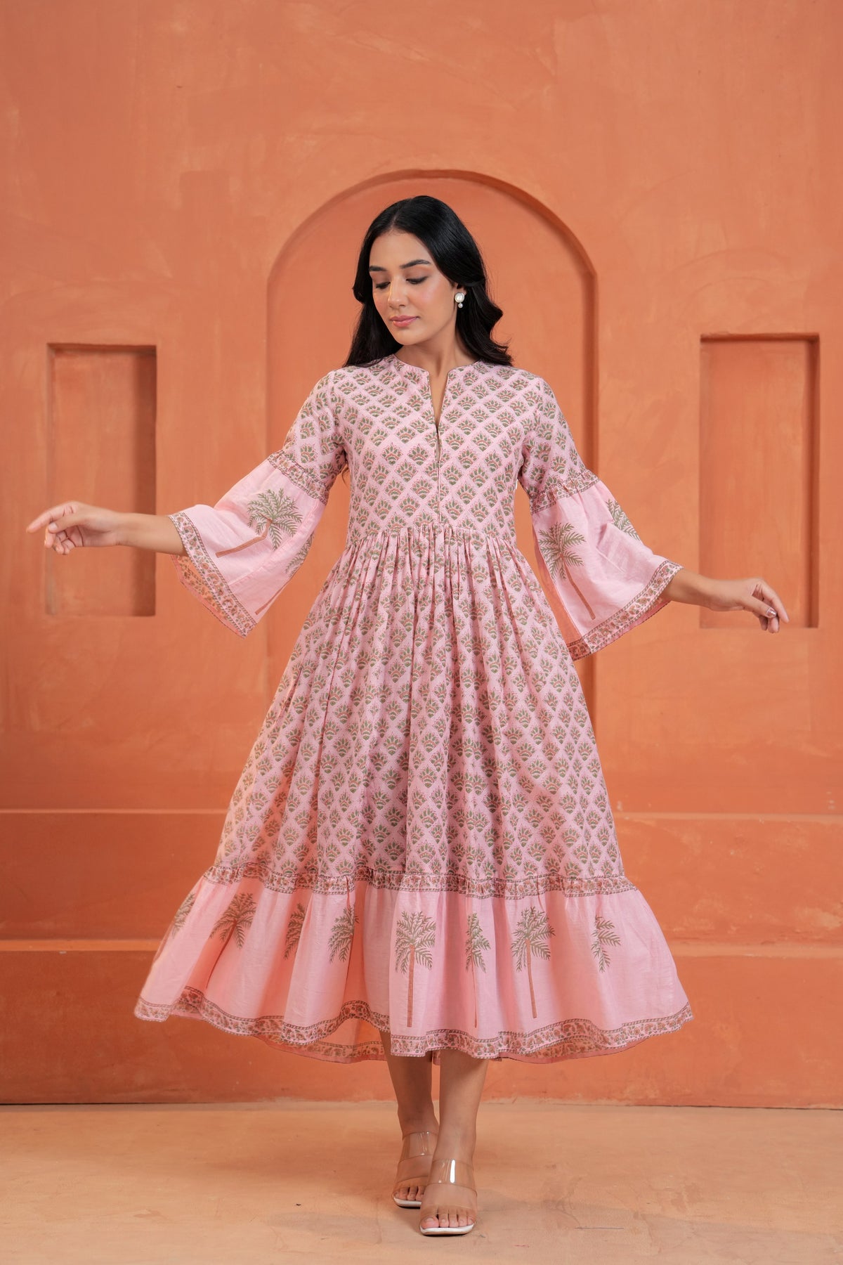 Blossom Cotton Floral Hand Block Print Bell Sleeve Midi Dress