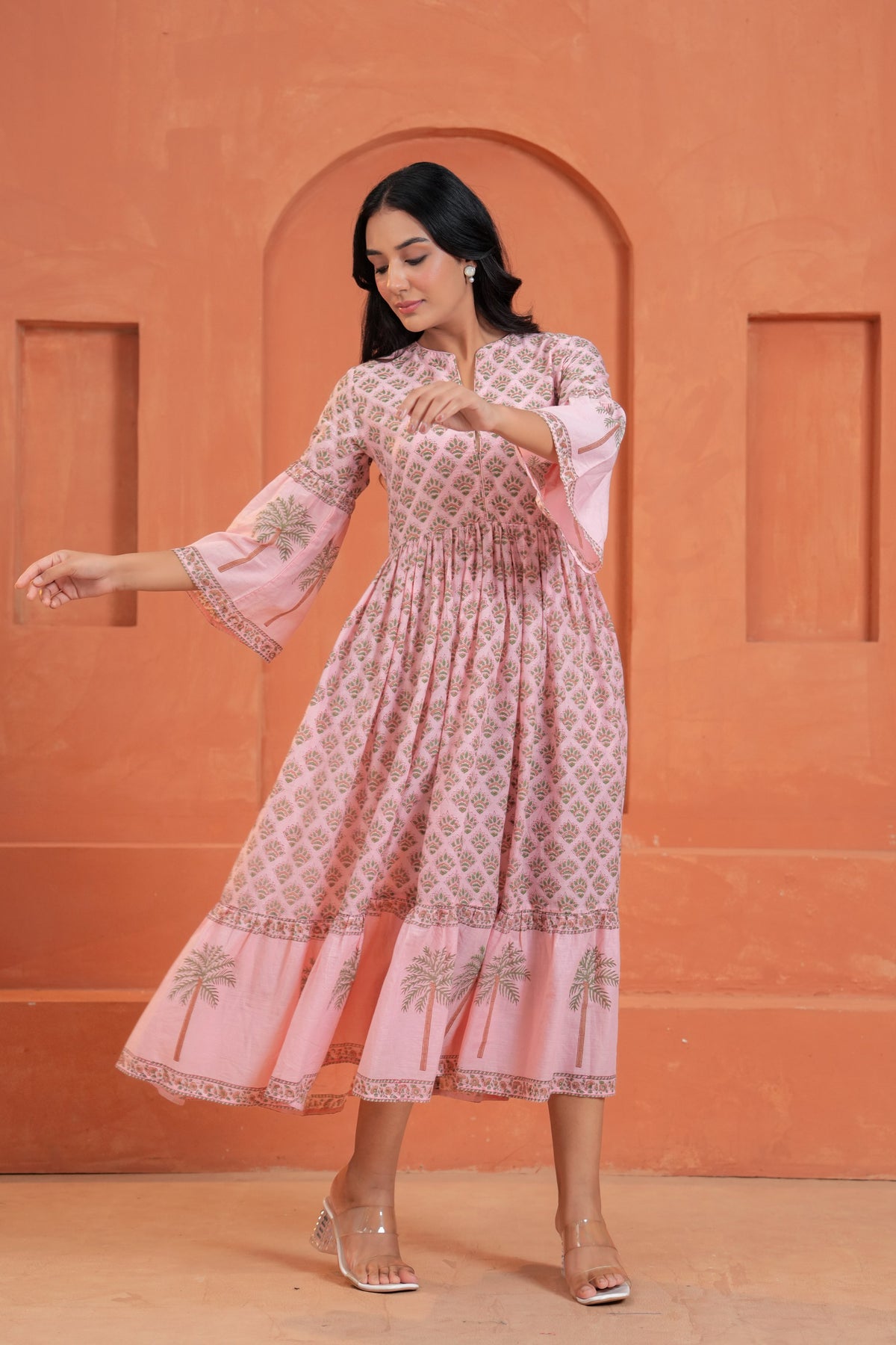 Blossom Cotton Floral Hand Block Print Bell Sleeve Midi Dress