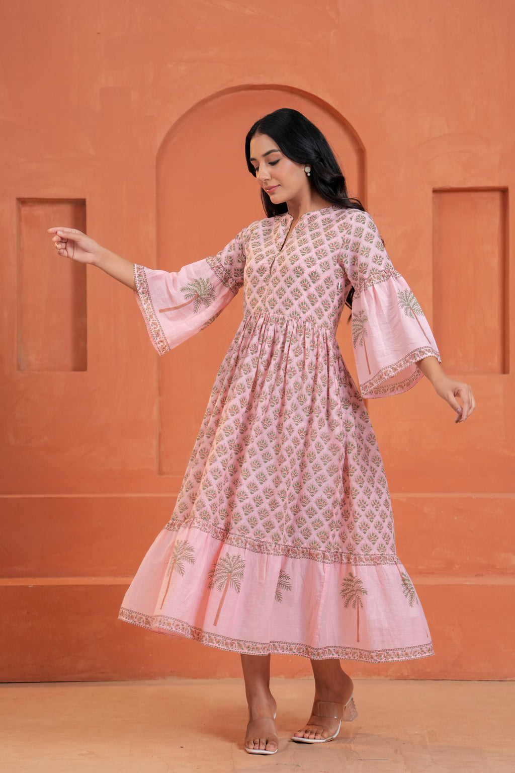 Blossom Cotton Floral Hand Block Print Bell Sleeve Midi Dress