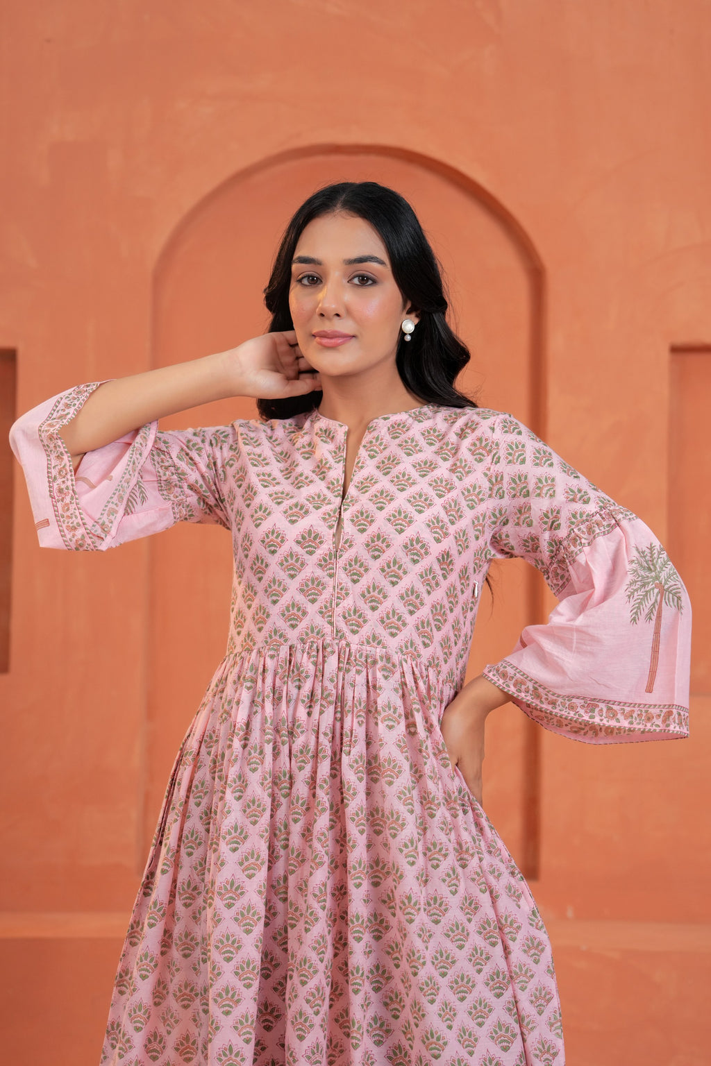 Blossom Cotton Floral Hand Block Print Bell Sleeve Midi Dress