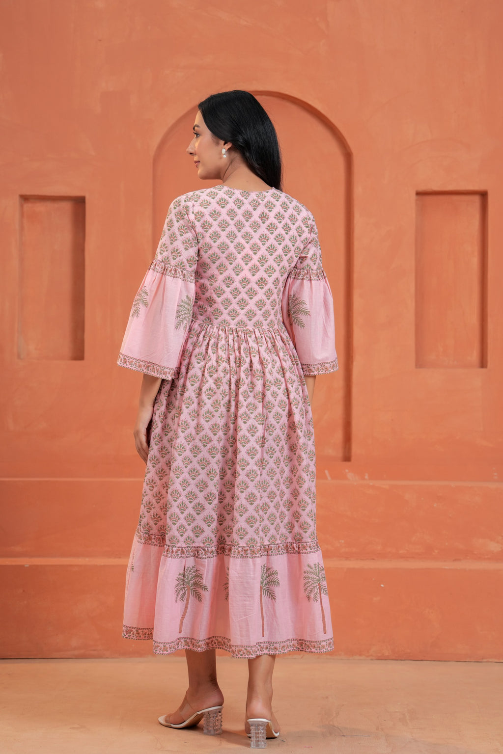 Blossom Cotton Floral Hand Block Print Bell Sleeve Midi Dress