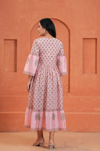Blossom Cotton Floral Hand Block Print Bell Sleeve Midi Dress