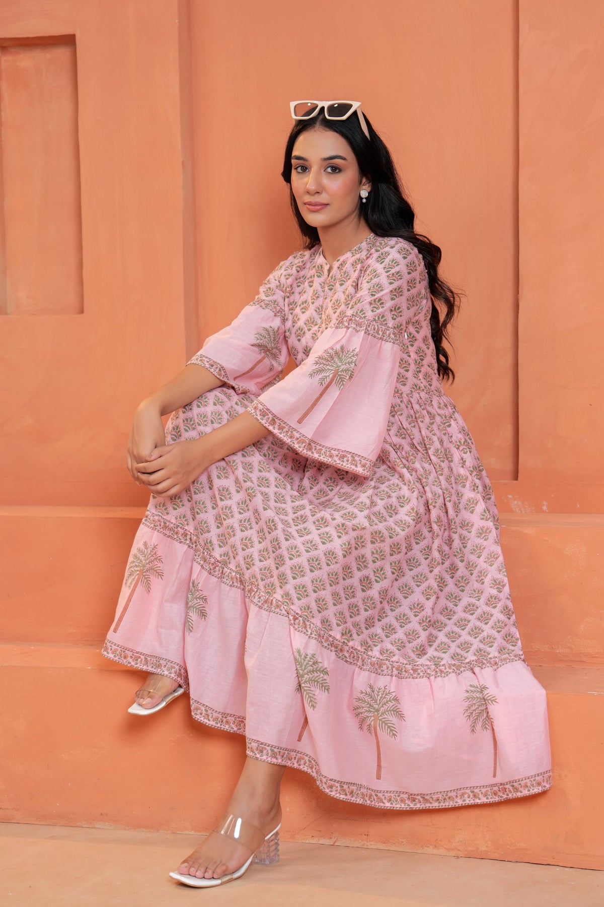 Blossom Cotton Floral Hand Block Print Bell Sleeve Midi Dress
