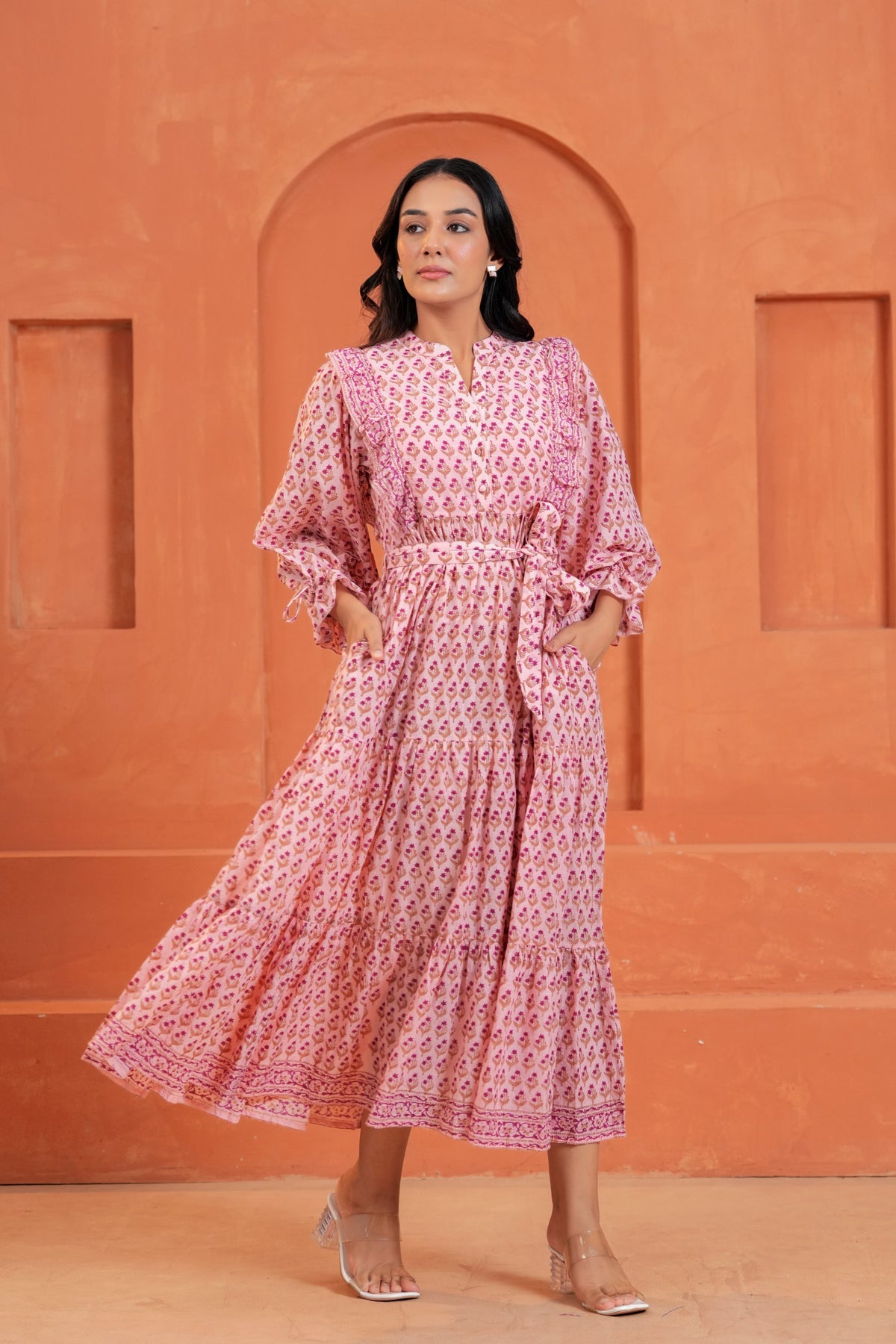 Kiara Cotton Floral Hand Block Print Belted Midi Dress