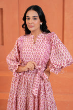 Kiara Cotton Floral Hand Block Print Belted Midi Dress