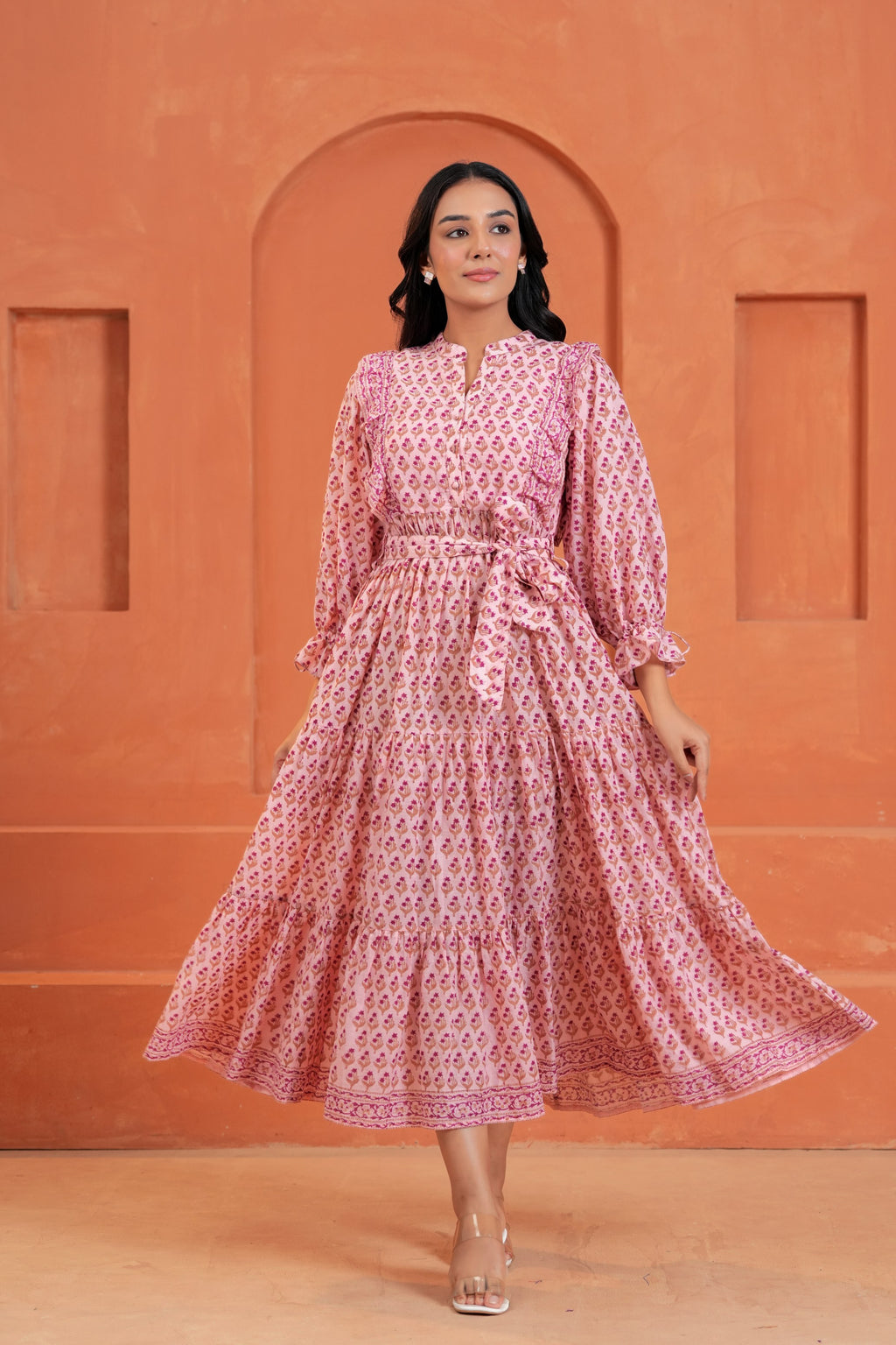 Kiara Cotton Floral Hand Block Print Belted Midi Dress