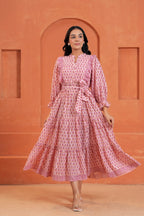 Kiara Cotton Floral Hand Block Print Belted Midi Dress