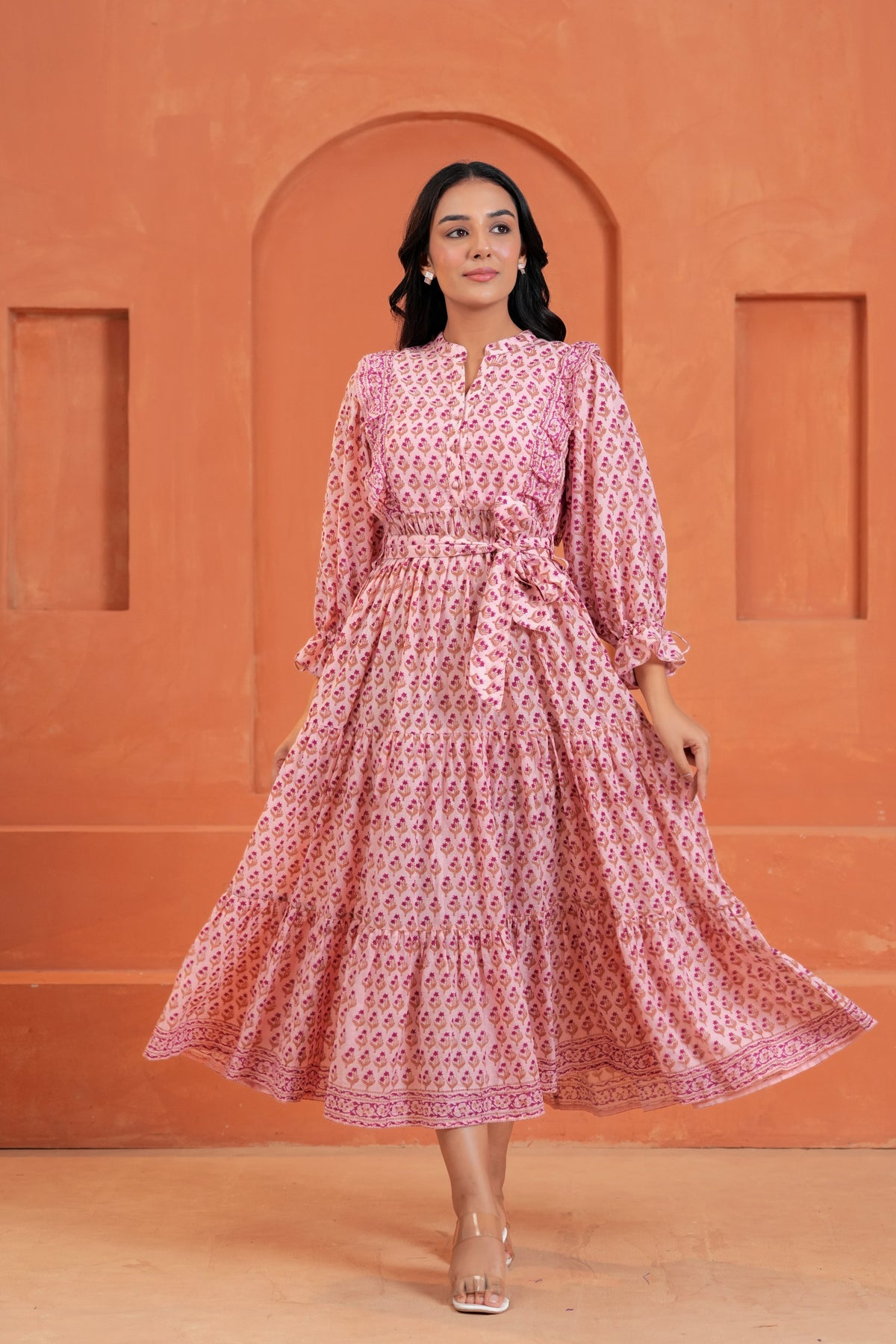 Kiara Cotton Floral Hand Block Print Belted Midi Dress