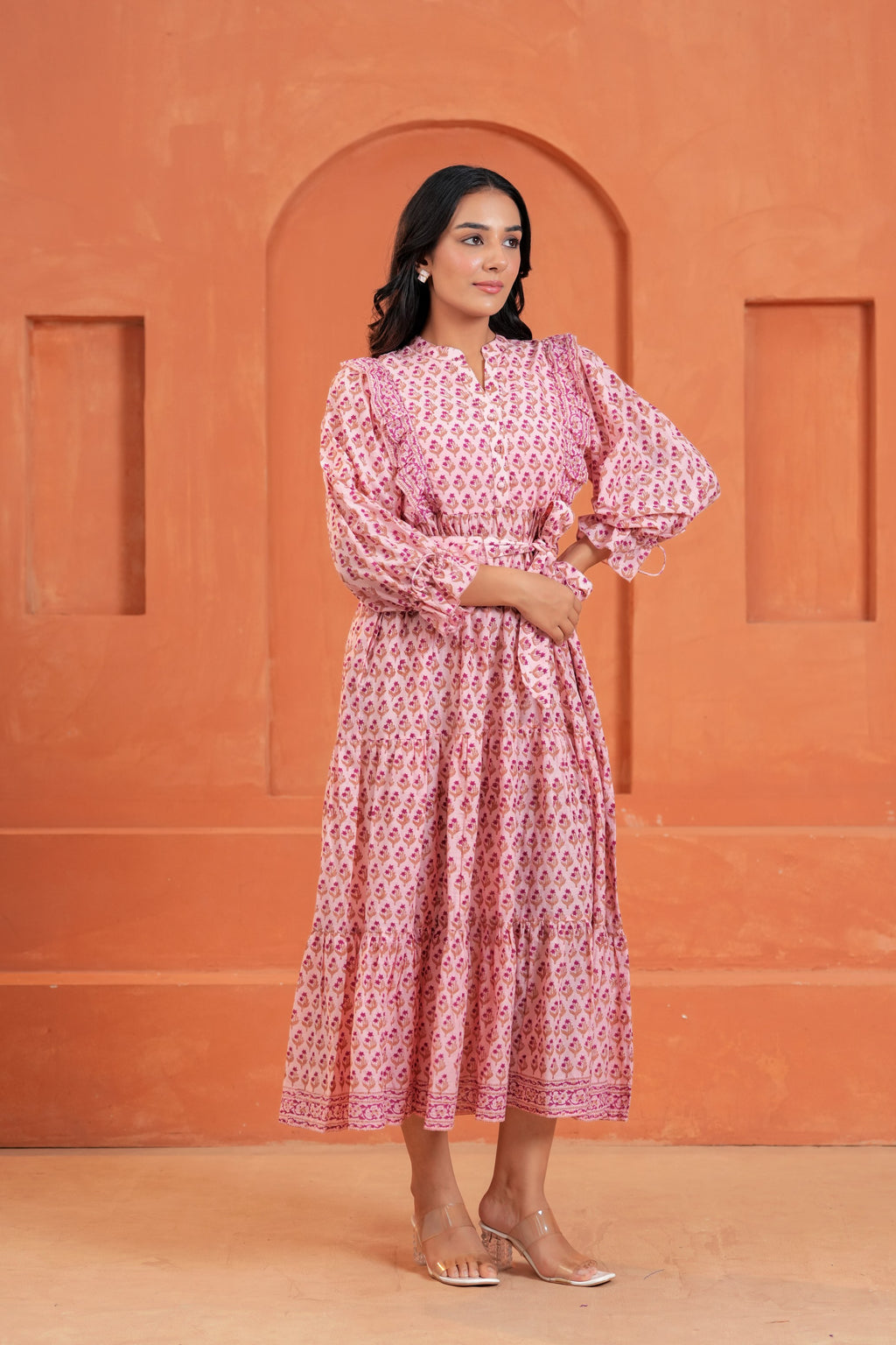 Kiara Cotton Floral Hand Block Print Belted Midi Dress