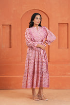 Kiara Cotton Floral Hand Block Print Belted Midi Dress
