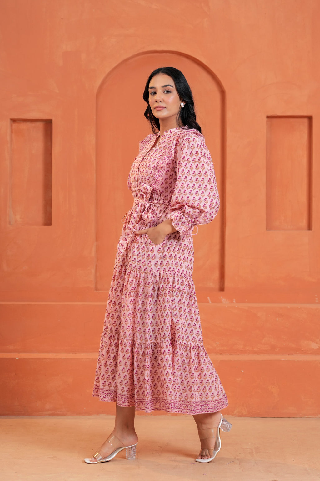 Kiara Cotton Floral Hand Block Print Belted Midi Dress