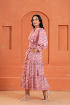 Kiara Cotton Floral Hand Block Print Belted Midi Dress