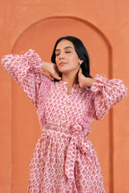 Kiara Cotton Floral Hand Block Print Belted Midi Dress