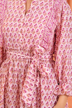 Kiara Cotton Floral Hand Block Print Belted Midi Dress