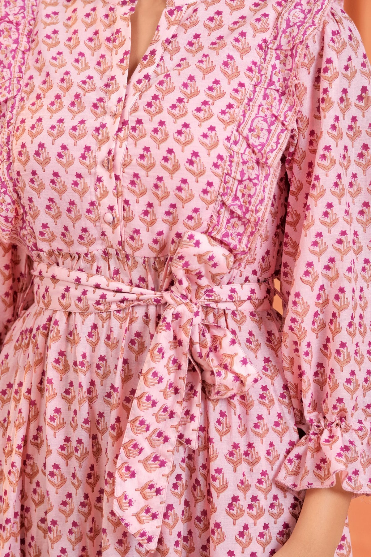 Kiara Cotton Floral Hand Block Print Belted Midi Dress