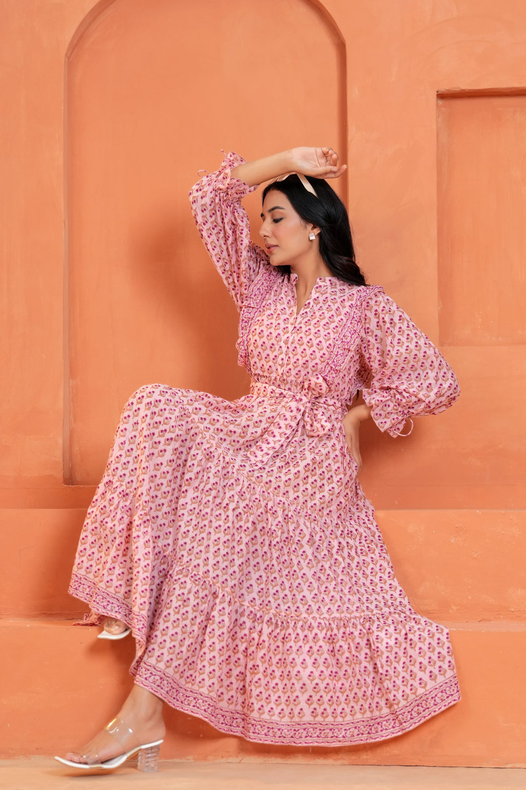 Kiara Cotton Floral Hand Block Print Belted Midi Dress