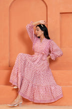 Kiara Cotton Floral Hand Block Print Belted Midi Dress