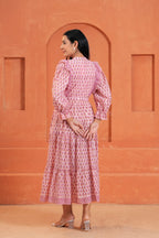 Kiara Cotton Floral Hand Block Print Belted Midi Dress