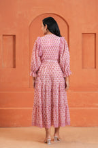 Kiara Cotton Floral Hand Block Print Belted Midi Dress