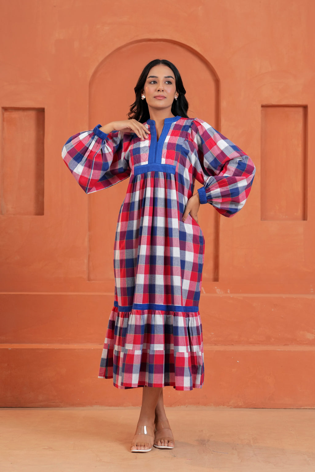 Harper Cotton Checked Hand Block Print Tiered Midi Dress