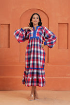 Harper Cotton Checked Hand Block Print Tiered Midi Dress