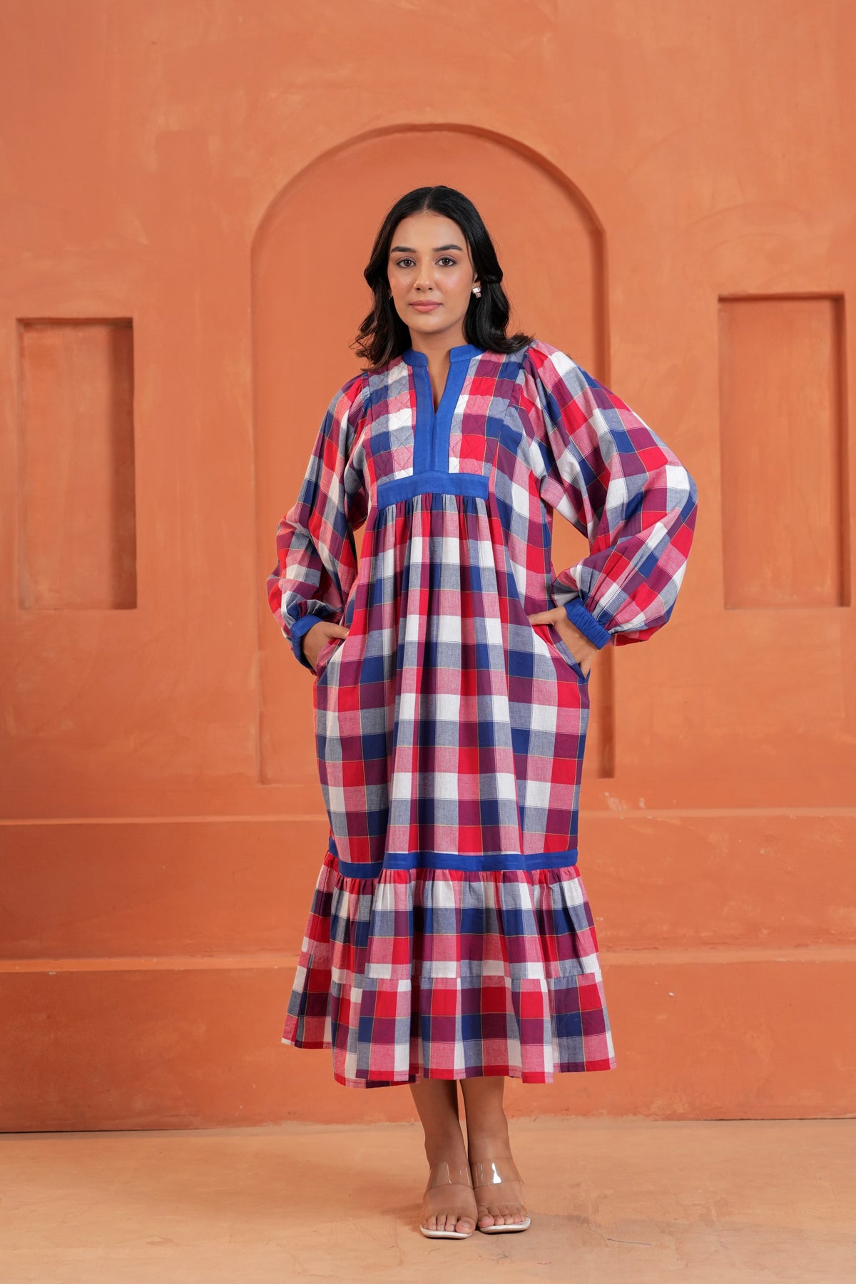 Harper Cotton Checked Hand Block Print Tiered Midi Dress