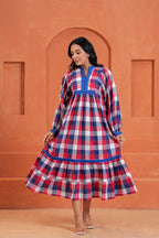 Harper Cotton Checked Hand Block Print Tiered Midi Dress