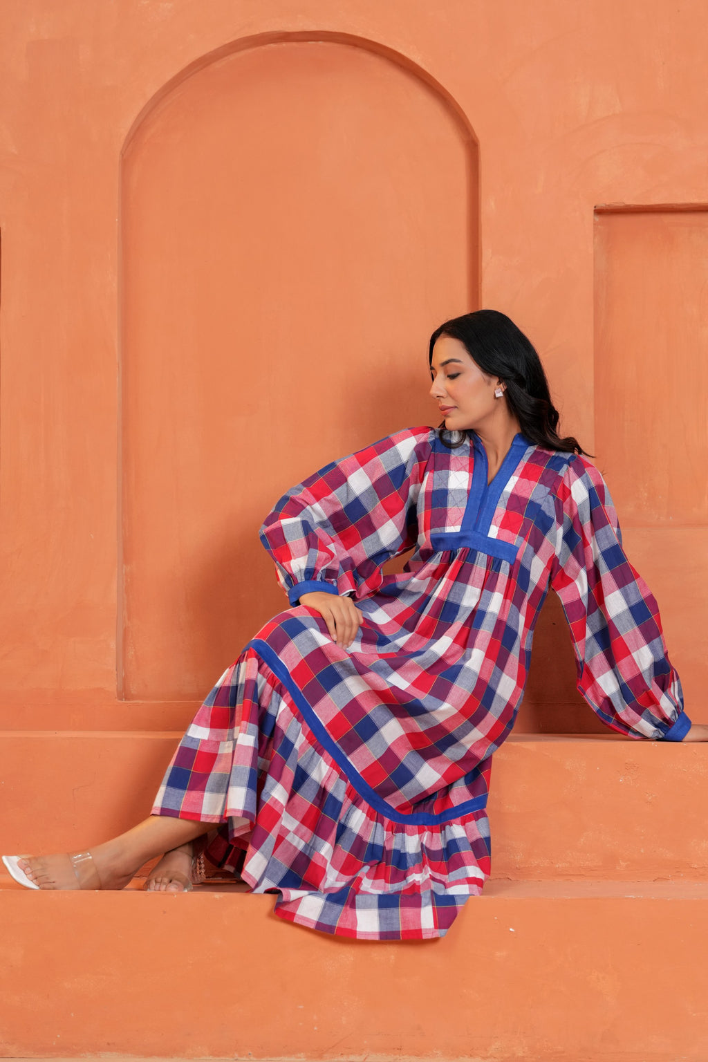Harper Cotton Checked Hand Block Print Tiered Midi Dress