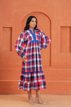Harper Cotton Checked Hand Block Print Tiered Midi Dress