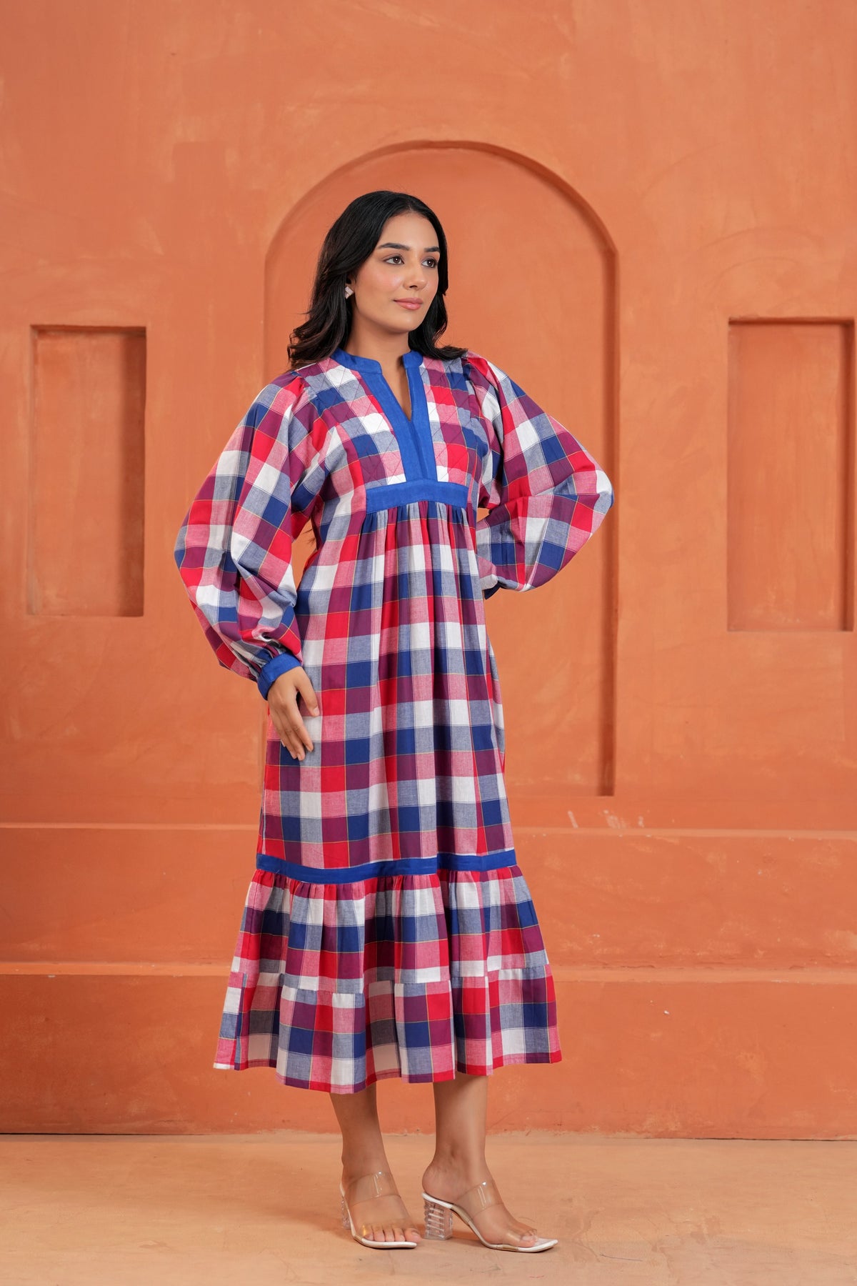 Harper Cotton Checked Hand Block Print Tiered Midi Dress