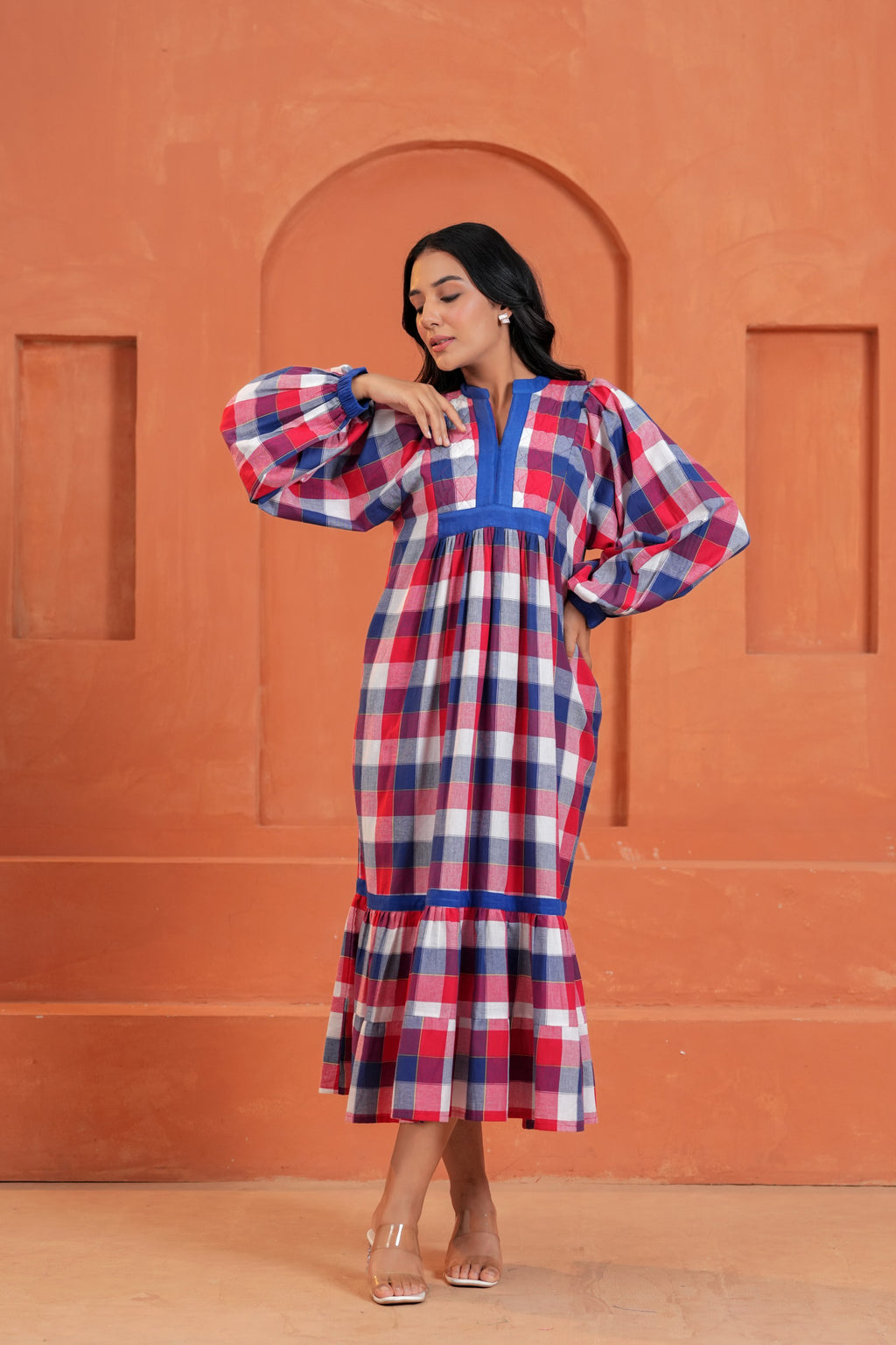Harper Cotton Checked Hand Block Print Tiered Midi Dress