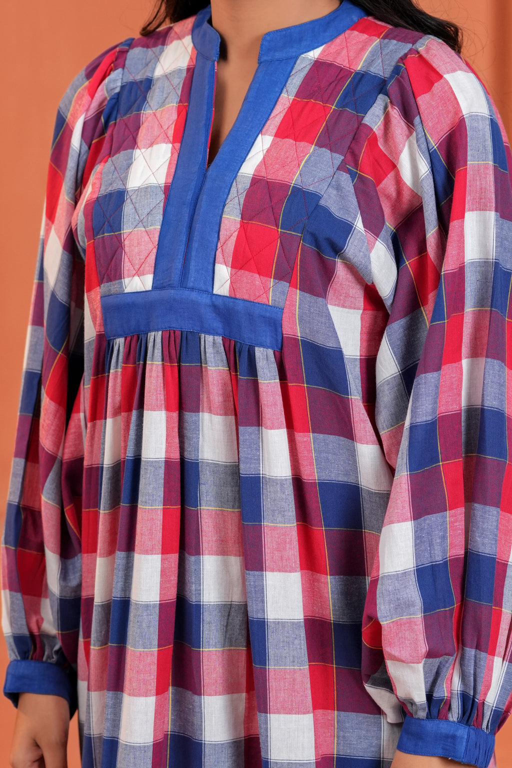 Harper Cotton Checked Hand Block Print Tiered Midi Dress