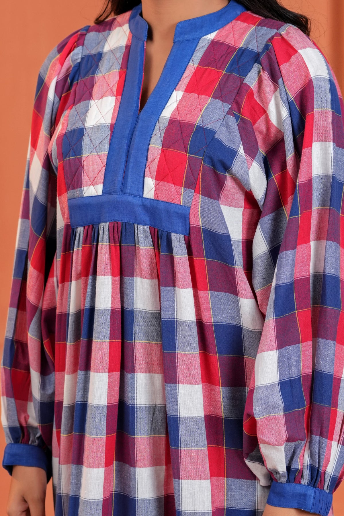 Harper Cotton Checked Hand Block Print Tiered Midi Dress