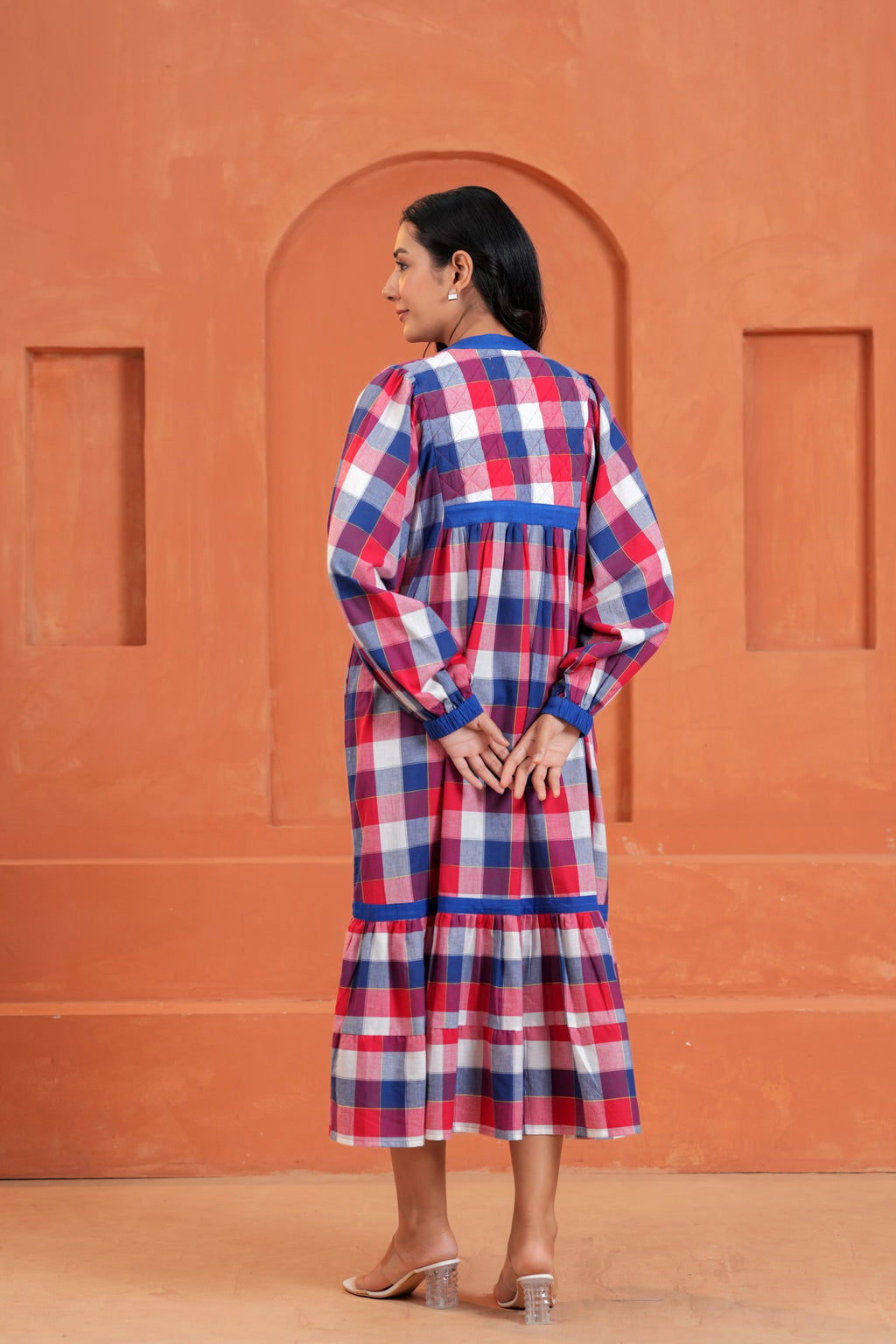Harper Cotton Checked Hand Block Print Tiered Midi Dress