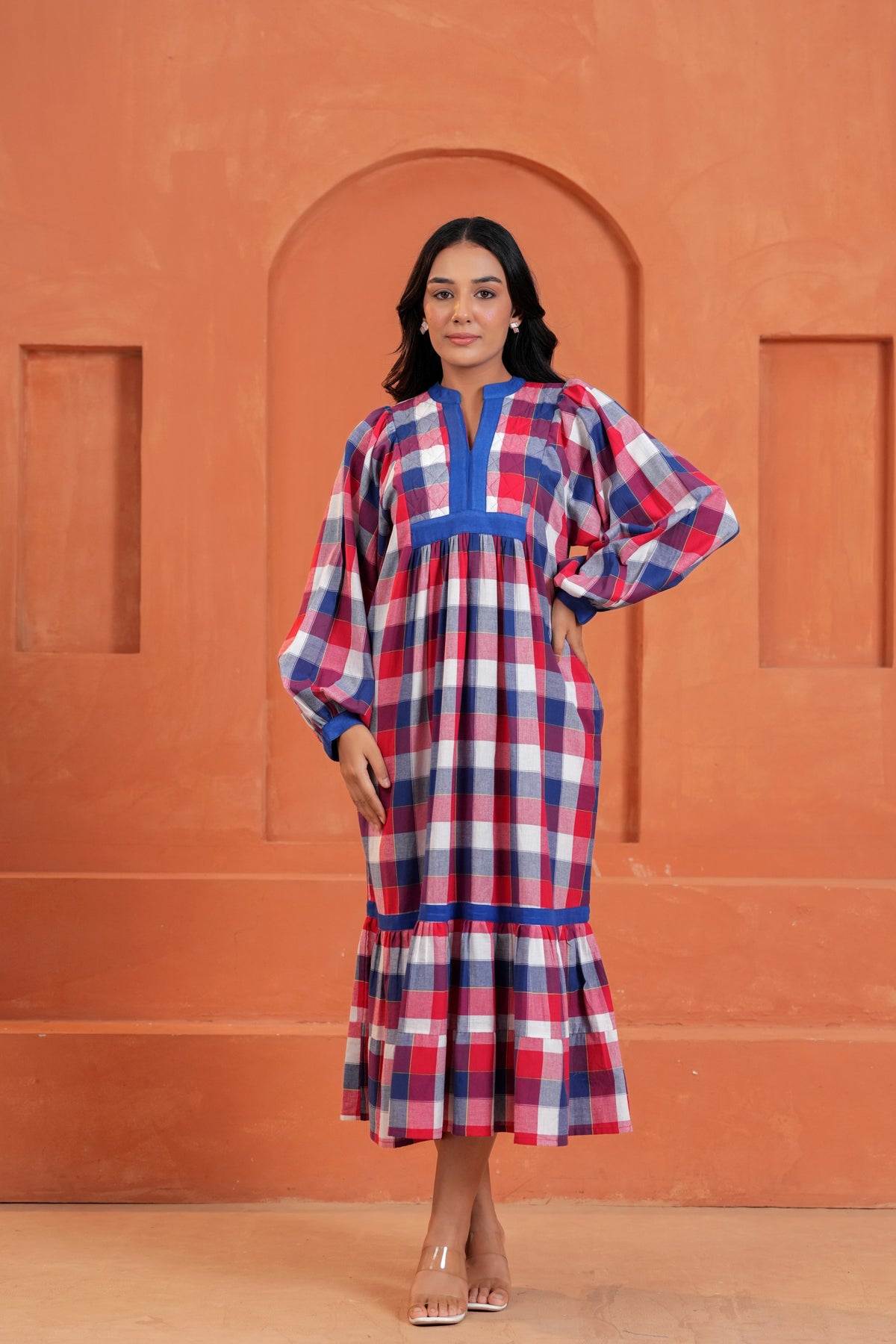 Harper Cotton Checked Hand Block Print Tiered Midi Dress
