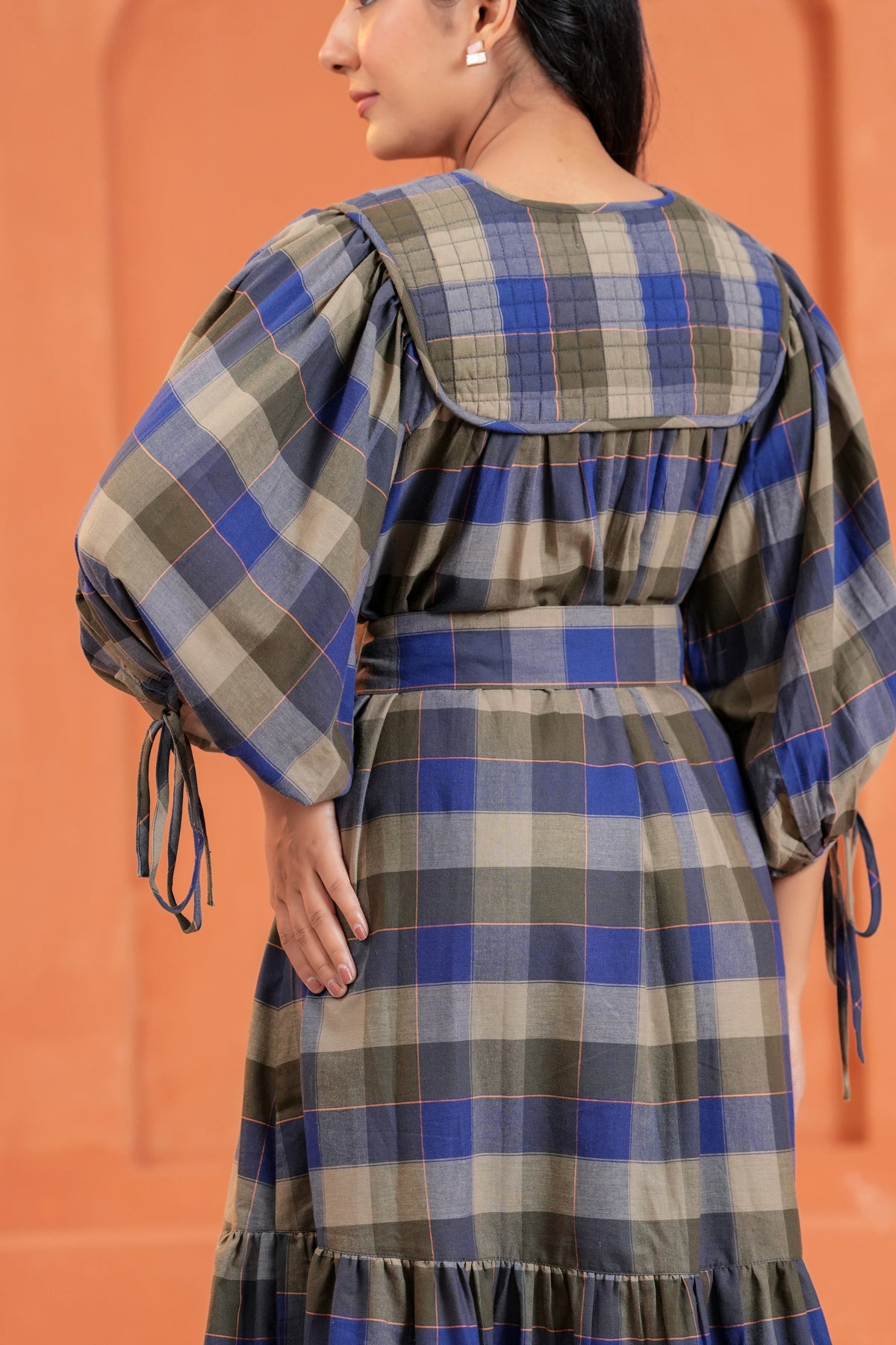Chloe Cotton Checked Hand Block Print Belted Tiered Maxi Dress