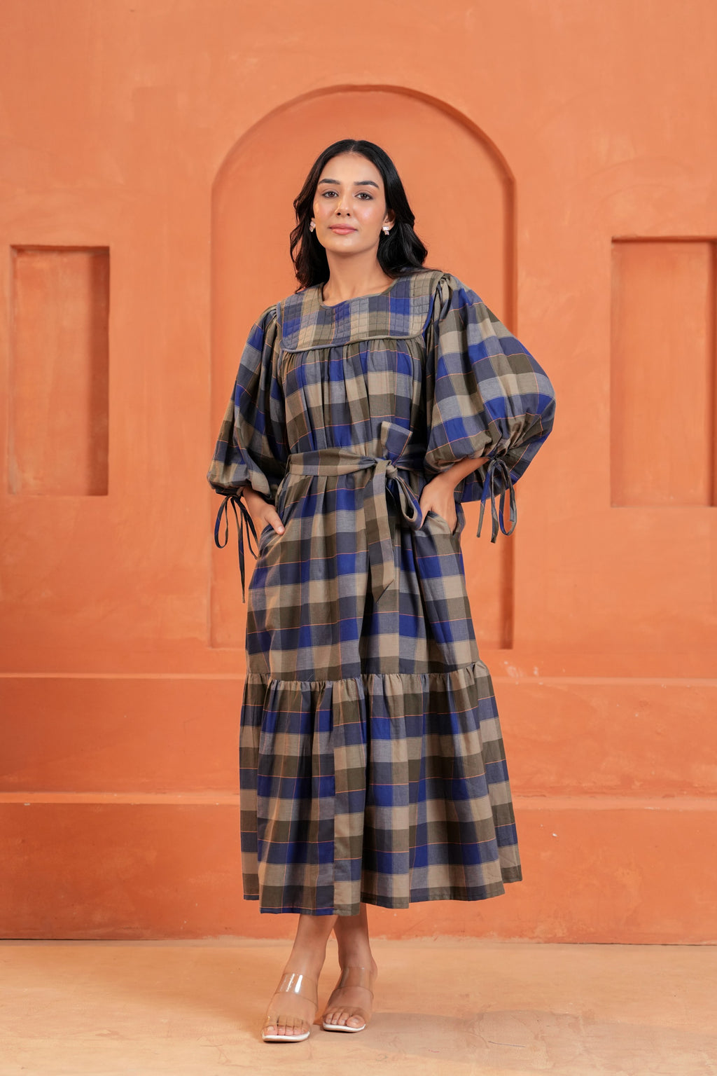 Chloe Cotton Checked Hand Block Print Belted Tiered Maxi Dress