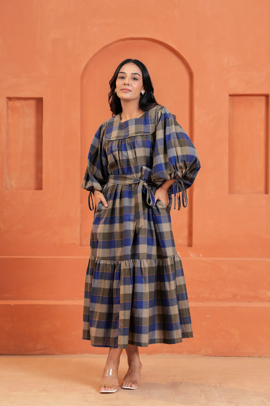 Chloe Cotton Checked Hand Block Print Belted Tiered Maxi Dress
