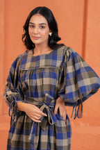 Chloe Cotton Checked Hand Block Print Belted Tiered Maxi Dress