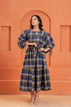 Chloe Cotton Checked Hand Block Print Belted Tiered Maxi Dress