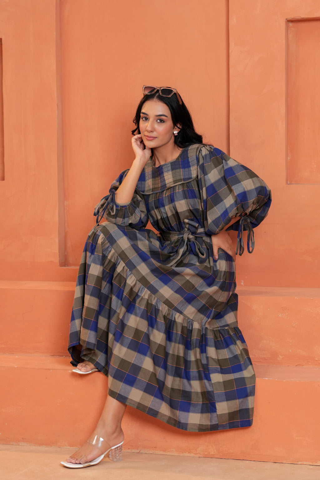 Chloe Cotton Checked Hand Block Print Belted Tiered Maxi Dress