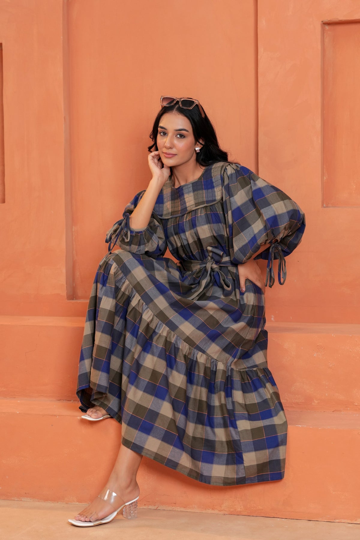 Chloe Cotton Checked Hand Block Print Belted Tiered Maxi Dress