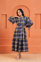Chloe Cotton Checked Hand Block Print Belted Tiered Maxi Dress