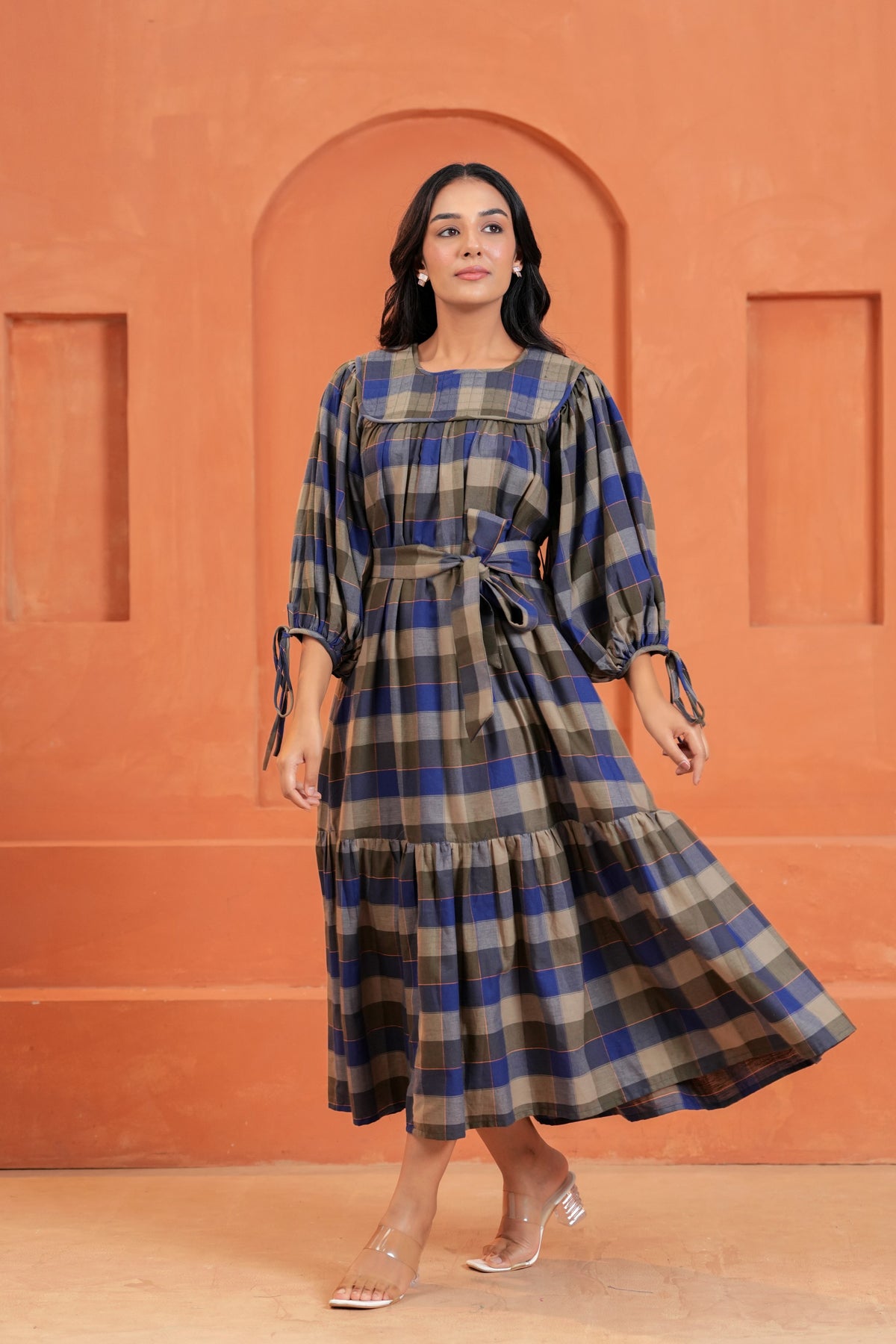 Chloe Cotton Checked Hand Block Print Belted Tiered Maxi Dress