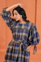 Chloe Cotton Checked Hand Block Print Belted Tiered Maxi Dress