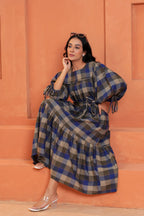 Chloe Cotton Checked Hand Block Print Belted Tiered Maxi Dress