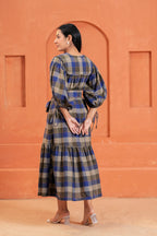 Chloe Cotton Checked Hand Block Print Belted Tiered Maxi Dress