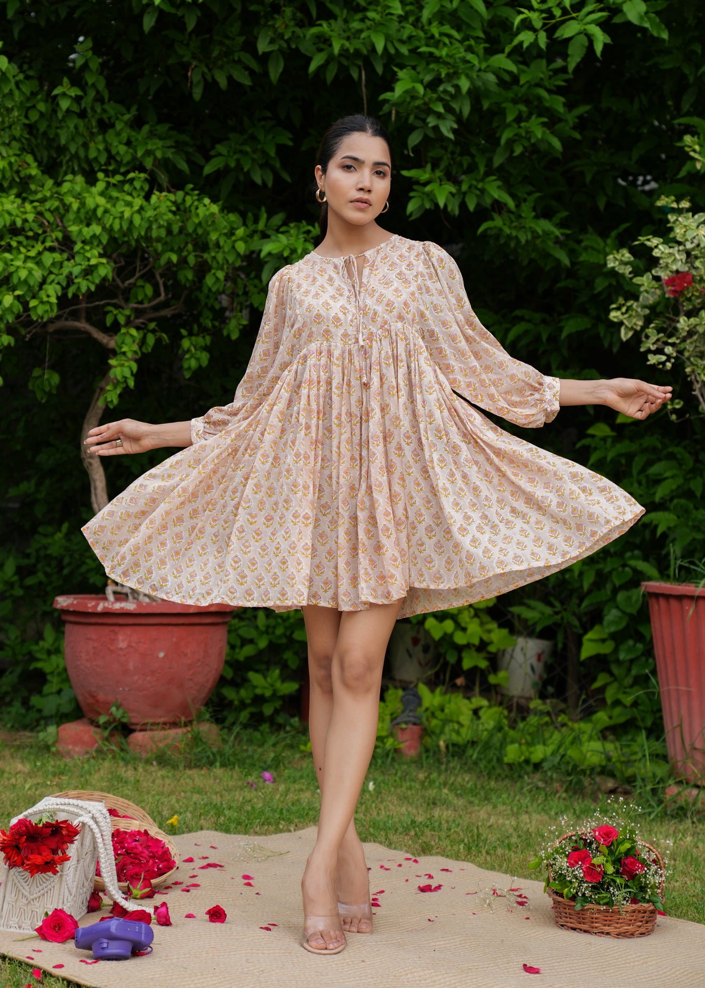 Beautiful Hand Block Printed Floral Raha Mini Dress